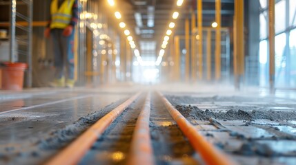 Adaptive security infrastructure concept. A construction site with visible utility pipes, a misty atmosphere, and a worker in the background, highlighting industrial development and safety measures.