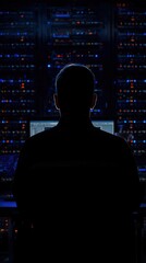 Adaptive security infrastructure concept. A silhouette of a person seated in front of a computer, surrounded by vibrant lights of server racks in a dark environment.