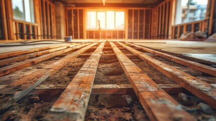 Adaptive security infrastructure concept. A close-up view of wooden floor beams in an under-construction room, illuminated by warm sunlight filtering through a window.