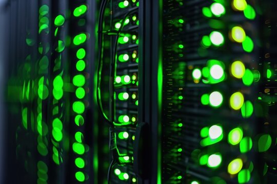 Adaptive security infrastructure concept. A vibrant display of green lights illuminating server racks, showcasing modern technology and data storage systems. - Powered by Adobe