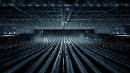 Adaptive security infrastructure concept. A dark, abstract image showcasing parallel lines and a misty atmosphere, suggesting depth and a technological theme.