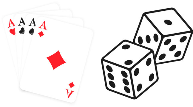 Casino dice game. Cube for game. Playing card suits icon. Suit deck of playing cards. Black and white dice icon for gambling casino games poker