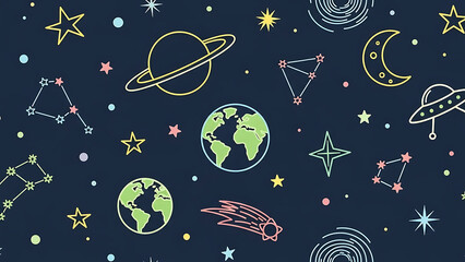 A vibrant illustration of celestial bodies and constellations in space from a cosmic viewpoint