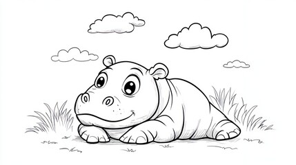 Cute baby hippo coloring page, laying down in grass, clouds in background. Possible use Educational coloring book