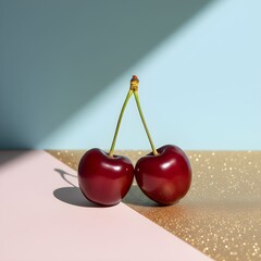 Two ripe cherries sit on a pink and gold surface against a blue wall with a beam of light.