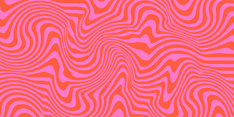 Obraz premium Groovy Waves Seamless Pattern. Psychedelic Curved Vector Background in 1970s Hippie Retro Style for Print on Textile, Wrapping Paper, Web Design and Social Media. Pink and Red Colors.