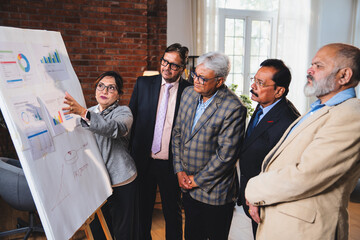 Senior Indian executives analyzing growth presentation on board in modern office