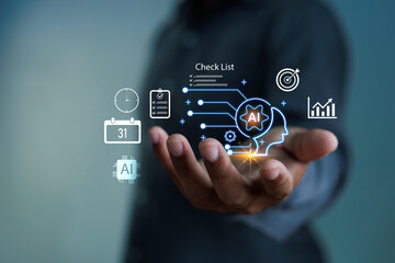 Businessman using AI technology for strategic planning and checklist management. Digital transformation concept regarding innovation, business efficiency, and future success data analysis.