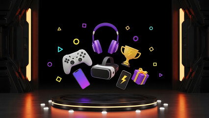 A 3D rendering of gaming accessories on a dark stage with glowing lights and awards floating around.