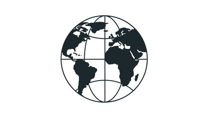 A black silhouette of a world map on a white background, featuring major continents and grid lines from a global viewpoint.
