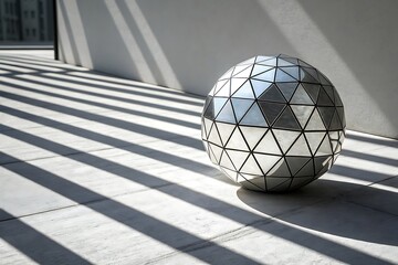 Polished geometric sphere object with triangular facets casting shadows on a tiled floor