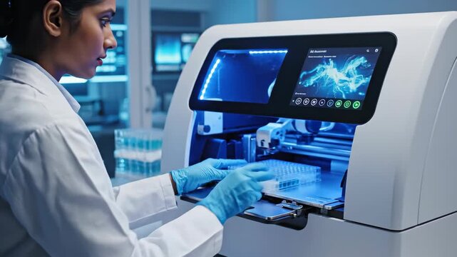Scientist loads multiwell plate into automated laboratory instrument