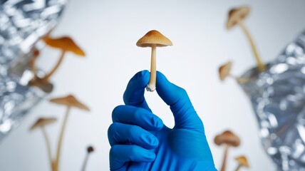 A hand in a blue glove holds a small mushroom, surrounded by other mushrooms and shiny silver foil in a bright, clinical setting.