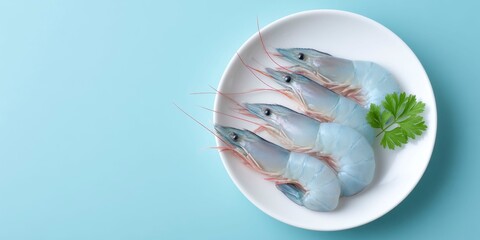 a white plate with raw tiger prawns on it, against a blue background, top view.