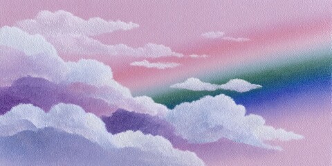 a whimsical and airy oil painting depicting a rainbow in the clouds against a pink background
