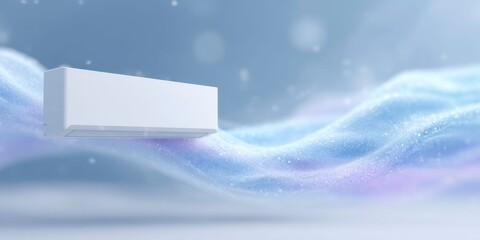 an air conditioner covered in ice, flying against a blue background, with air flow around it, conveying a cold feeling.