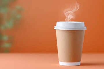 a photograph of a paper cup with smoke coming out from the top, against an orange background.