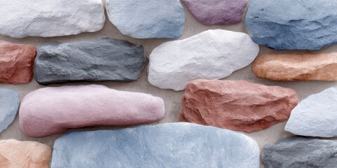 a seamless pattern featuring a stone wall texture with various shades and shapes of brown, grey, blue, red, and orange rocks. the background should have a seamless pattern design stone wall texture.