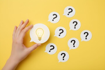 A hand holding a speech bubble with a lightbulb surrounded by question mark bubbles against a yellow background