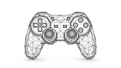 Wireframe illustration of a gaming controller viewed from the front, showcasing its design and layout in a minimalist style.