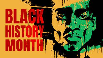  Black history month banner with man portrait, colorful background and ink splash style. Vector illustration