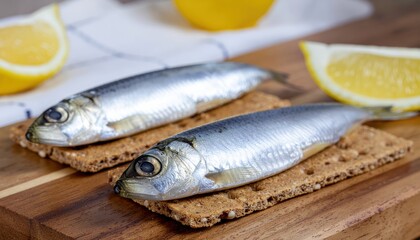 Fresh sardines on crackers. Close-up of a seafood appetizer with lemon slices, presented on wooden cutting board, food photography style.