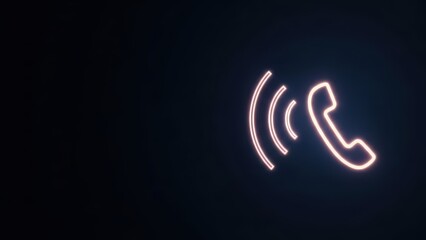 Neon glowing icon representing a phone with sound waves on a dark background for modern communication technology