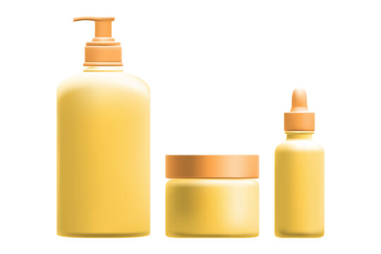 Cosmetic 3D plastic dispenser pump bottle, cream jar, serum dropper mockup set, isolated, transparent background. Skin care clean yellow glass texture. Beauty vector product packaging.