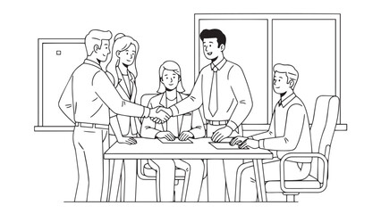 Black And White Line Art Illustration Of An Office Team Finalizing An Agreement As Two Colleagues Shake Hands Across A Conference Table