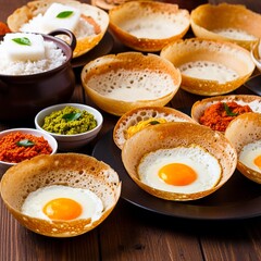 Sri Lankan hoppers and egg hoppers on rustic table, warm light, traditional breakfast food concept.