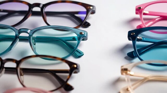 Collection of colorful eyeglasses frames arranged on a white surface, showcasing different styles.