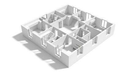 White 3 D architectural model of a house floor plan with interior walls and stairs house design