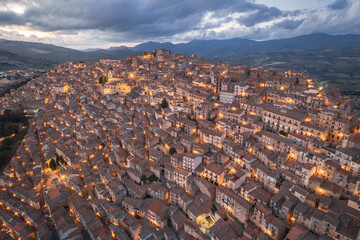 Aerial Dusk to Night View of Gangi Ancient Town, Sicily