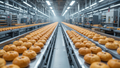 Large industrial bakery with rows of freshly baked bread rolls on conveyor belts, showcasing efficient production in modern facility. scene conveys sense of productivity and scale