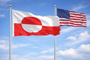 Fototapeta premium greenland and united states flags waving together, symbolizing arctic diplomacy, geopolitics, climate strategy, security cooperation, and current international relations news.