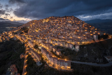 Aerial Dusk to Night View of Gangi Ancient Town, Sicily