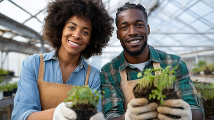 Young diverse couple planting organic herbs in a modern sun-lit greenhouse, smiling faces, spring gardening ritual, soft natural light, sharp focus on hands and green sprouts, auth