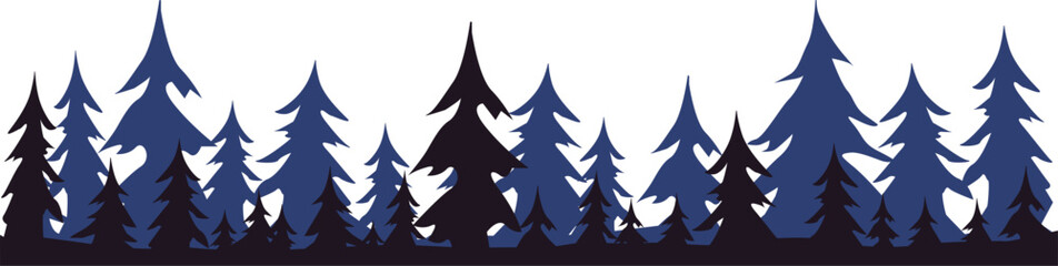 Fototapeta premium Park of evergreen wood. Coniferous spruce panorama. Seamless forest of Christmas fir trees silhouette. Forest silhouette of pine trees creating