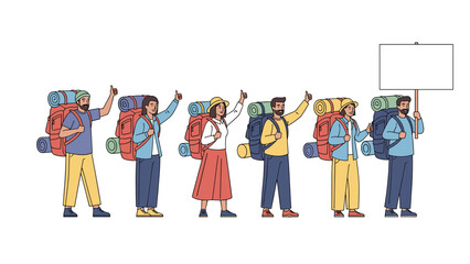 Fototapeta premium Group of diverse hikers standing in a row with large backpacks and giving thumbs up while one holds a blank white sign.