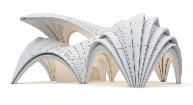 White abstract futuristic architectural structure with curved lines and arches architecture