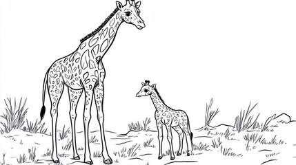 Giraffe mother and calf in savanna, educational coloring page
