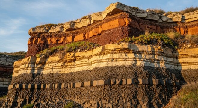 A rocky cliff with layers of sedimentary rock, showing different colors and textures.