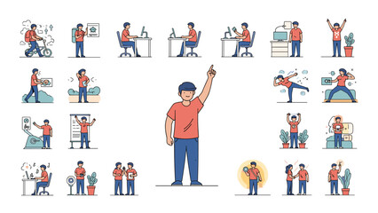Large collection of diverse male character illustrations depicting various daily activities, work tasks, and hobbies.