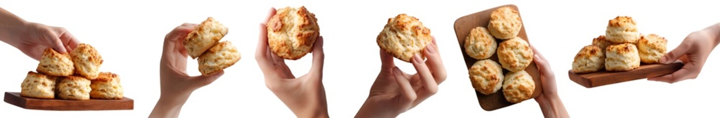 Set of hand holding Scone, classic baked bread bun pastry, wooden serving board, pile stack group, transparent cutout PNG. Many different style. Mockup for design artwork