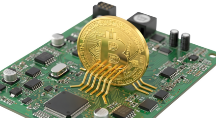 Golden jellyfish shaped cryptocurrency coin isolated on transparent background on circuit board