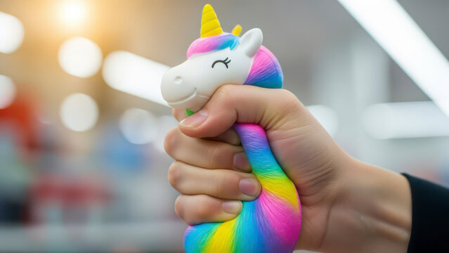 Hand squeezing a colorful rainbow unicorn squishy toy for stress relief in a bright blurred office background setting