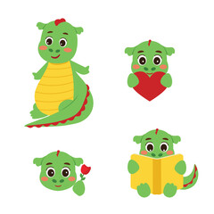 Cute Kawaii Dragon Character &ndash; Reading Book, Holding Rose and Heart