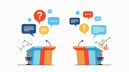 A vector graphic illustration of two podiums with microphones and speech bubbles, representing a debate or discussion