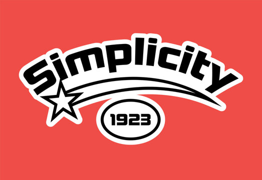 Simplicity 1923 Retro Y2K Streetwear Typography Vector Design for T-shirt. Vintage Varsity Style Badge with Star and Slogan "Simplicity". Red and Black Y2K Aesthetic Graphic Print for Apparel.