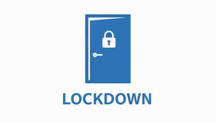 A blue vector graphic icon of a locked door with the word LOCKDOWN underneath